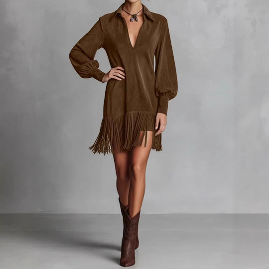 Damen Tunika-Kleid mit Fransen und V-Ausschnitt R&B