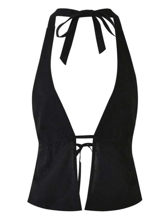 Damen Crop-Top mit tiefem V-Ausschnitt und Bindebändern R&B