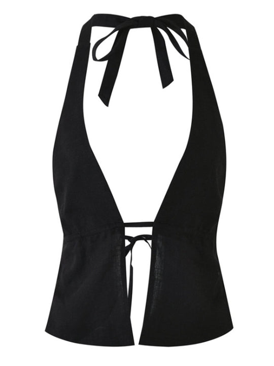 Damen Crop-Top mit tiefem V-Ausschnitt und Bindebändern R&B