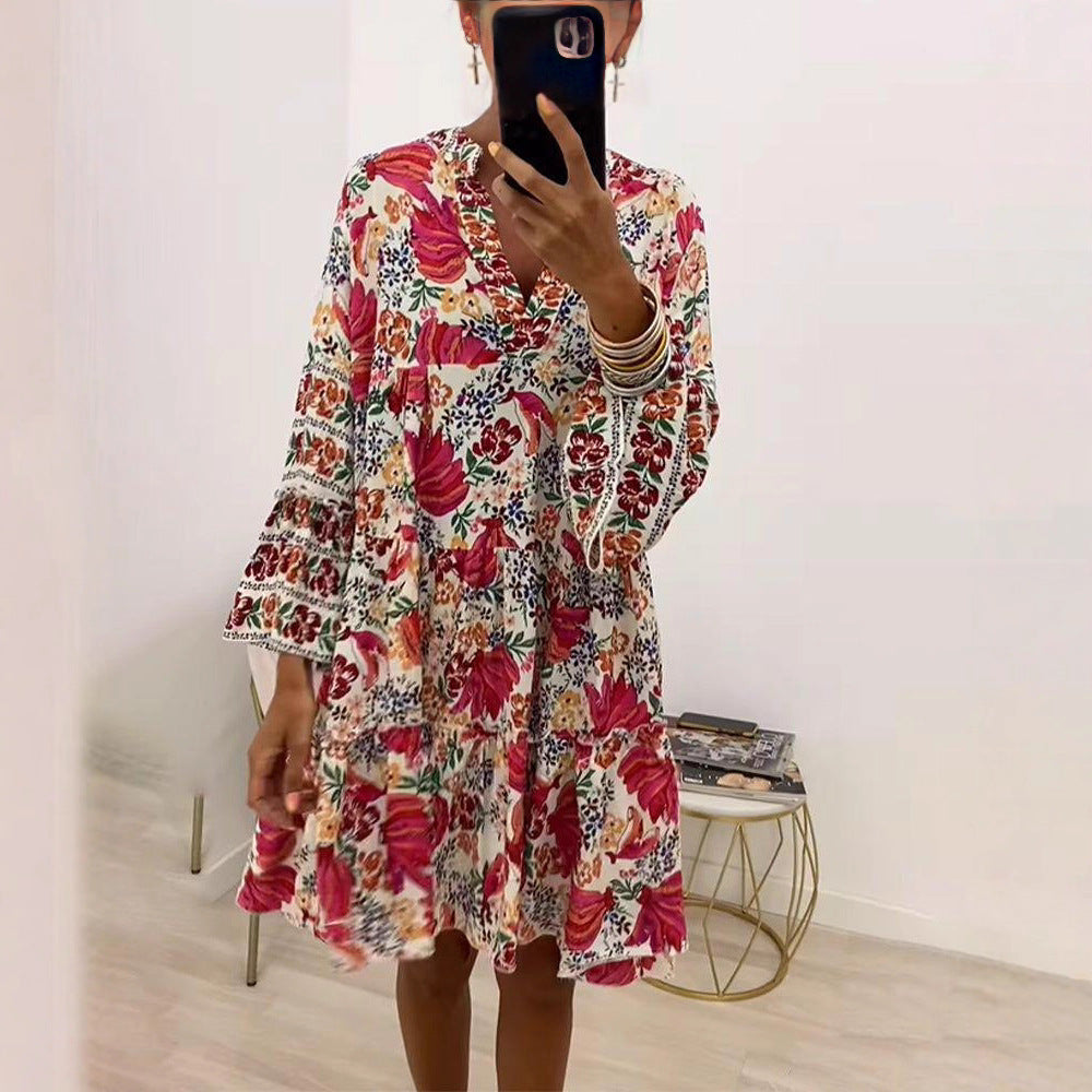 Damen nan florales Volant-Minikleid im Boho‑Stil mit V‑Ausschnitt und stufiger Silhouette R&B