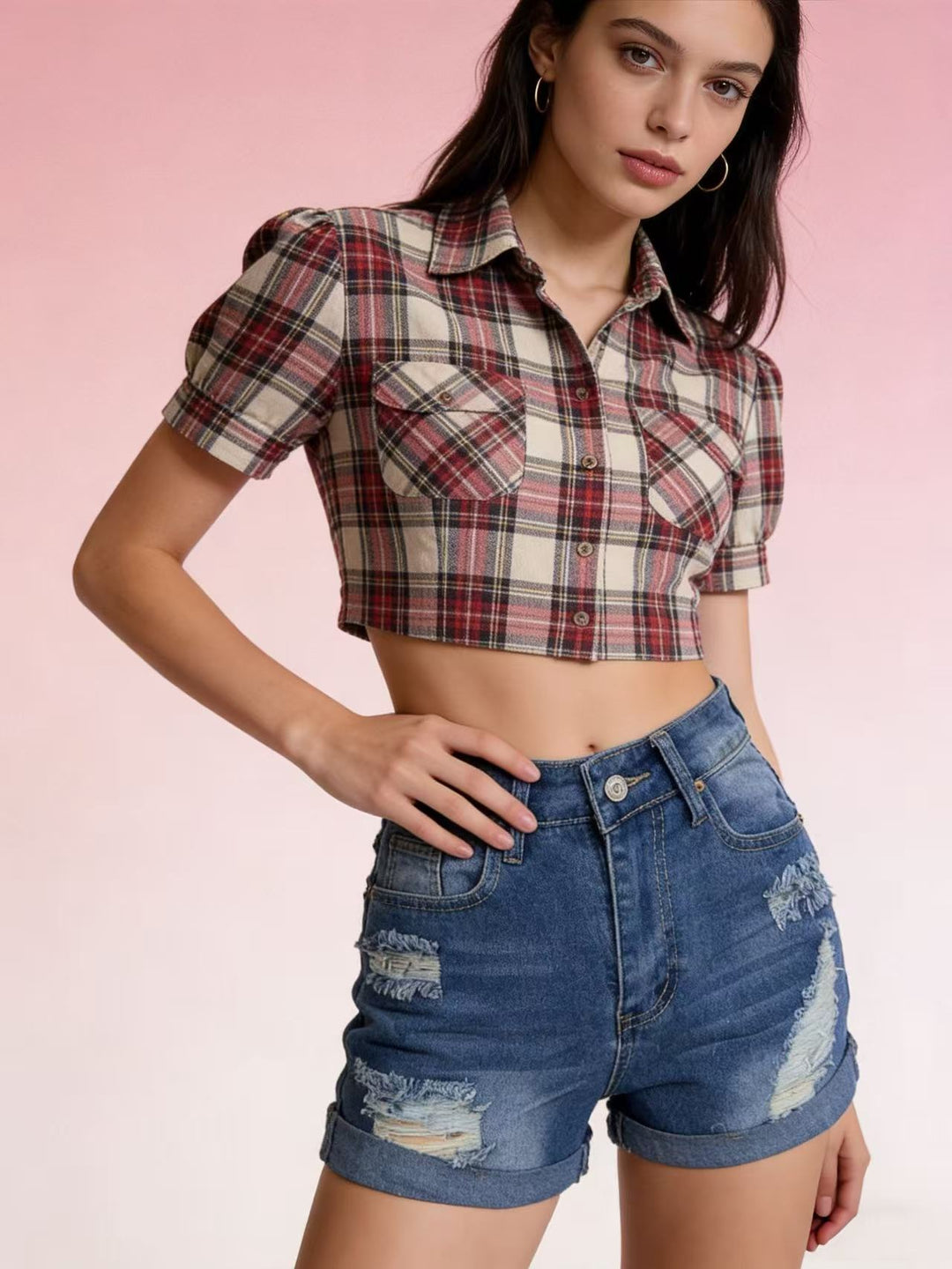 Damen Crop-Hemd im klassischen Karomuster mit Puffärmeln R&B