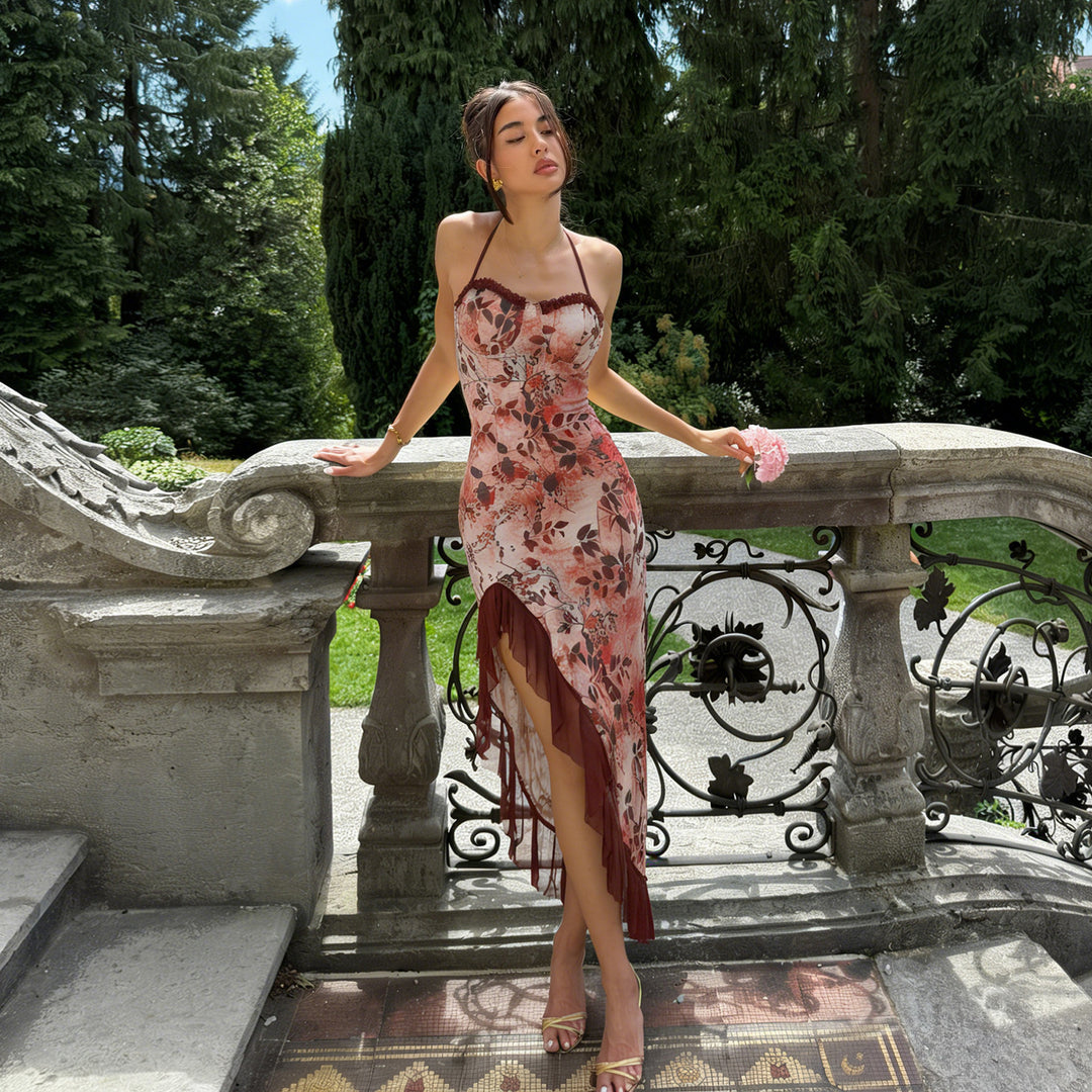 Damen asymmetrisches Floral-Maxikleid mit zartem Rüschensaum und verführerischem Schnitt R&B