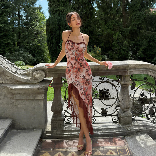 Damen asymmetrisches Floral-Maxikleid mit zartem Rüschensaum und verführerischem Schnitt R&B
