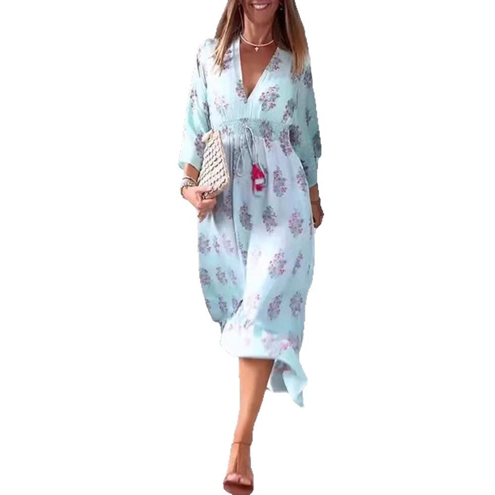 Damen nan luftig-fließendes Boho-Midikleid mit V-Ausschnitt, geraffter Smock-Taille, Kordelzug mit Quasten und asymmetrischem Volant-Saum R&B