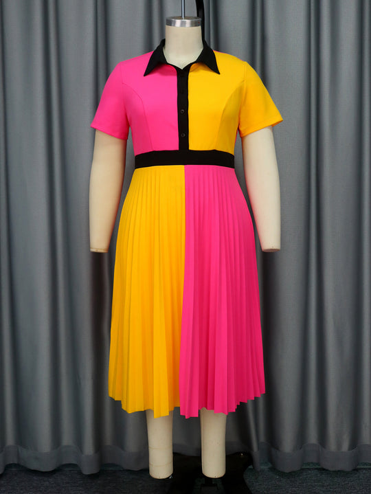 Damen plissiertes Kleid mit Umschlagkragen und kontrastierenden Farbblöcken R&B