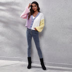 Damen Moderner Strickcardigan mit bunten Blockstreifen und V-Ausschnitt R&B