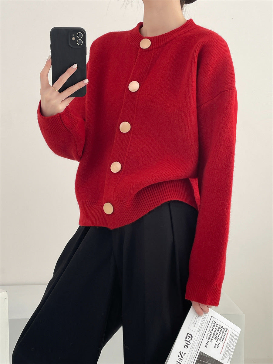 Damen Oversized Strickjacke mit großen Holzknöpfen und weitem Schnitt R&B
