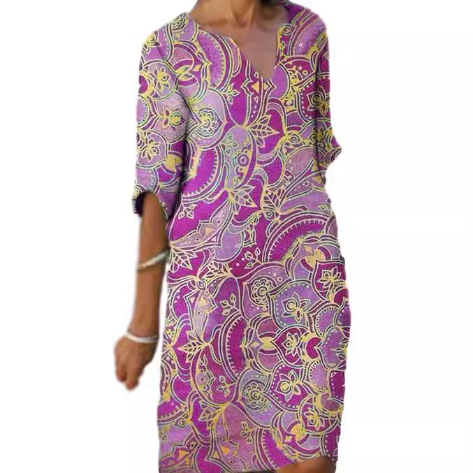 Damen Freizeitleichtkleid mit elegantem V-Ausschnitt und buntem Muster R&B
