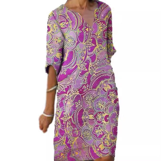 Damen Freizeitleichtkleid mit elegantem V-Ausschnitt und buntem Muster R&B