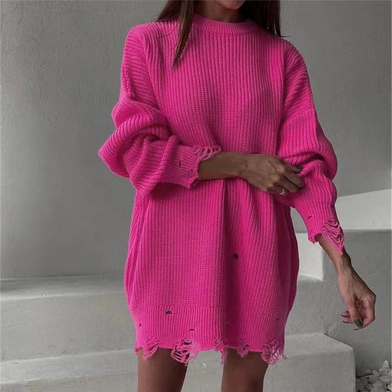 Damen Strickkleid mit asymmetrischem Saum und modischem Gürtel R&B
