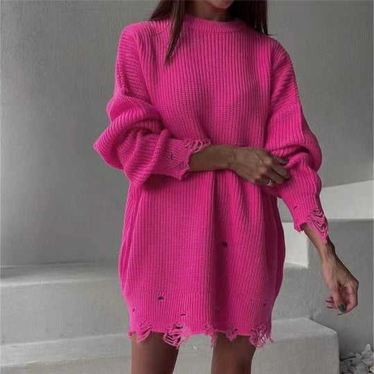 Damen Strickkleid mit asymmetrischem Saum und modischem Gürtel R&B