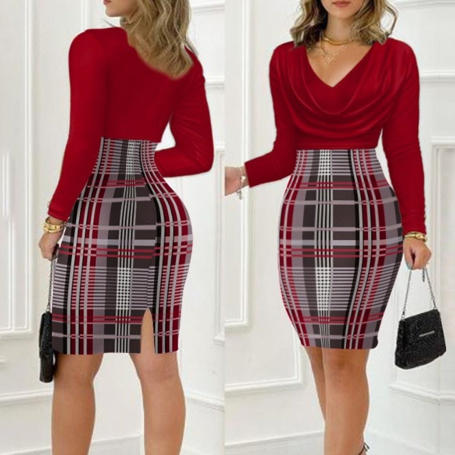 Damen Figurbetontes Kleid mit asymmetrischem Schnitt und Karomuster