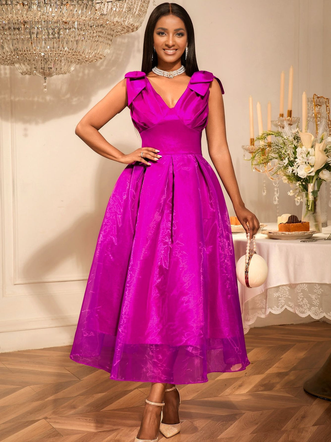Damen A-Linien Cocktailkleid mit voluminösen Schleifenärmel R&B