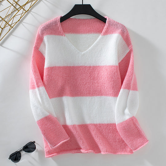 Damen lässiger V-Ausschnitt Strickpullover mit großzügigem Streifenmuster R&B