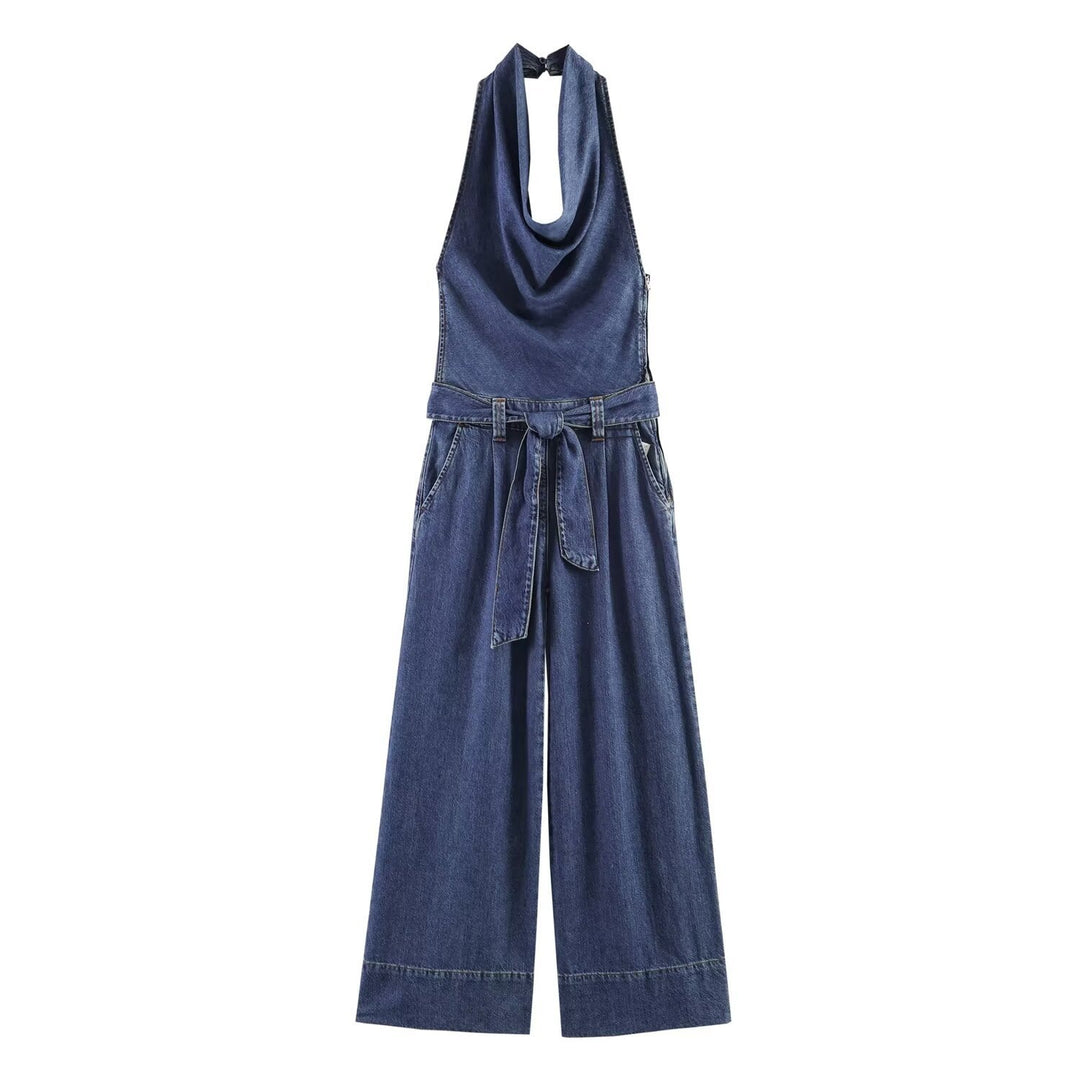 Damen Jumpsuit mit halbem Ausschnitt und weitem Bein R&B