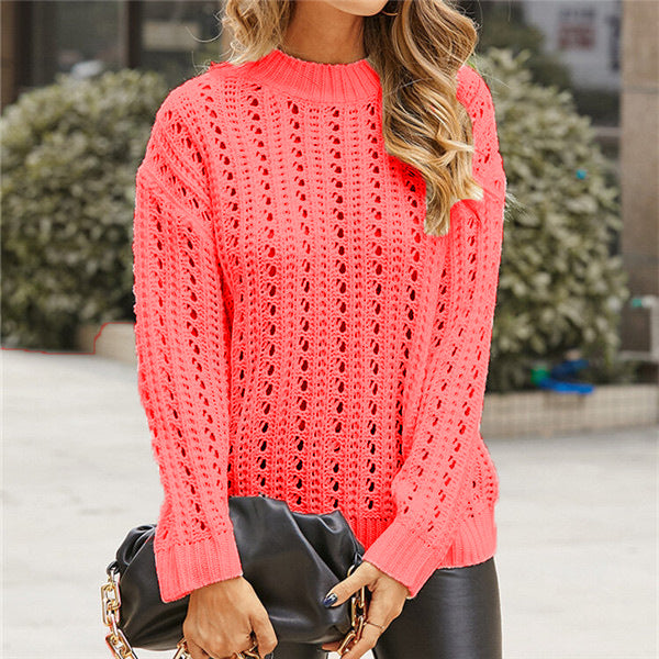 Damen luftiger Strickpullover mit Lochmuster und modernem Stehkragen R&B