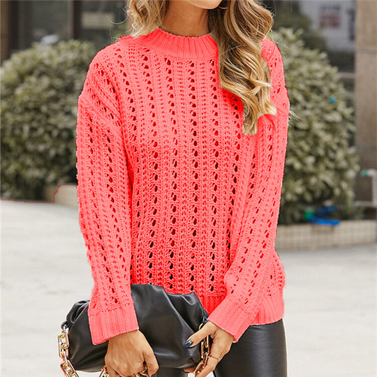 Damen luftiger Strickpullover mit Lochmuster und modernem Stehkragen R&B