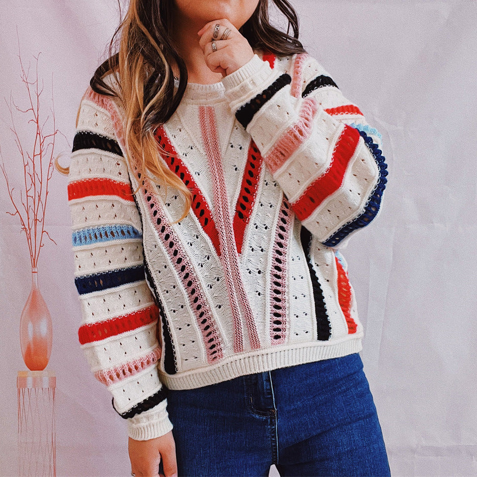 Damen lässiger Strickpullover mit modernem Farbverlauf und einzigartiger Lochstruktur R&B