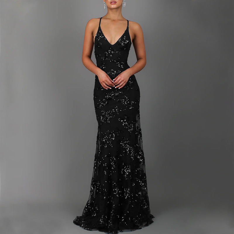 Damen Glitzernder Abendkleid mit vorderem Schlitz und tiefem Rückenausschnitt R&B