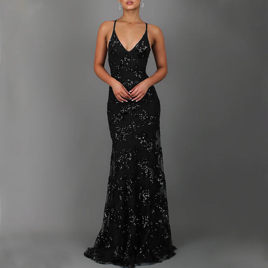 Damen Glitzernder Abendkleid mit vorderem Schlitz und tiefem Rückenausschnitt R&B