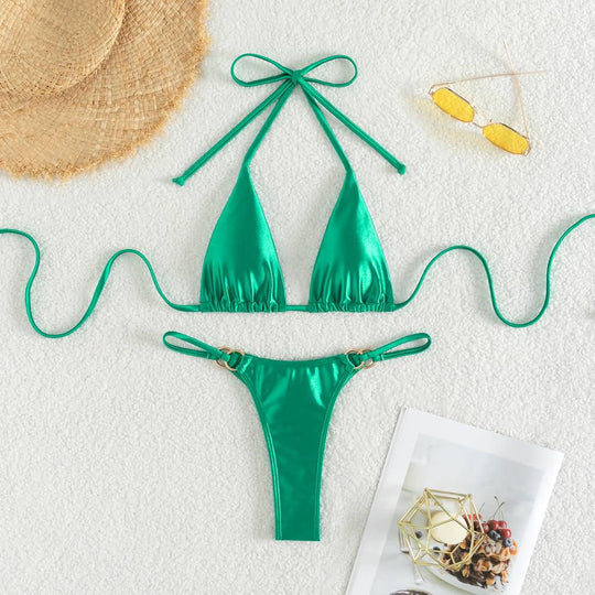 Damen Triangel-Bikini mit eleganten Bindebändern und modischen Goldakzenten R&B