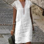 Damen Leichtes Leinenkleid mit V-Ausschnitt und dezenten Cut-Out-Verzierungen R&B