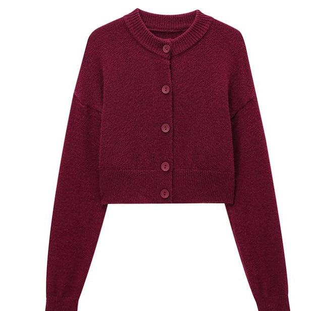 Damen Kurze Strickjacke mit Knopfleiste und Elegantem Rundhalsausschnitt R&B