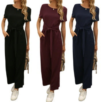 Damen Jumpsuit mit Bindegürtel und weitem Bein R&B