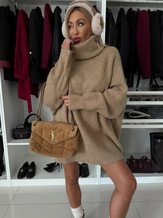 Damen Oversized Strickpullover mit hohem Kragen und weichem Material R&B