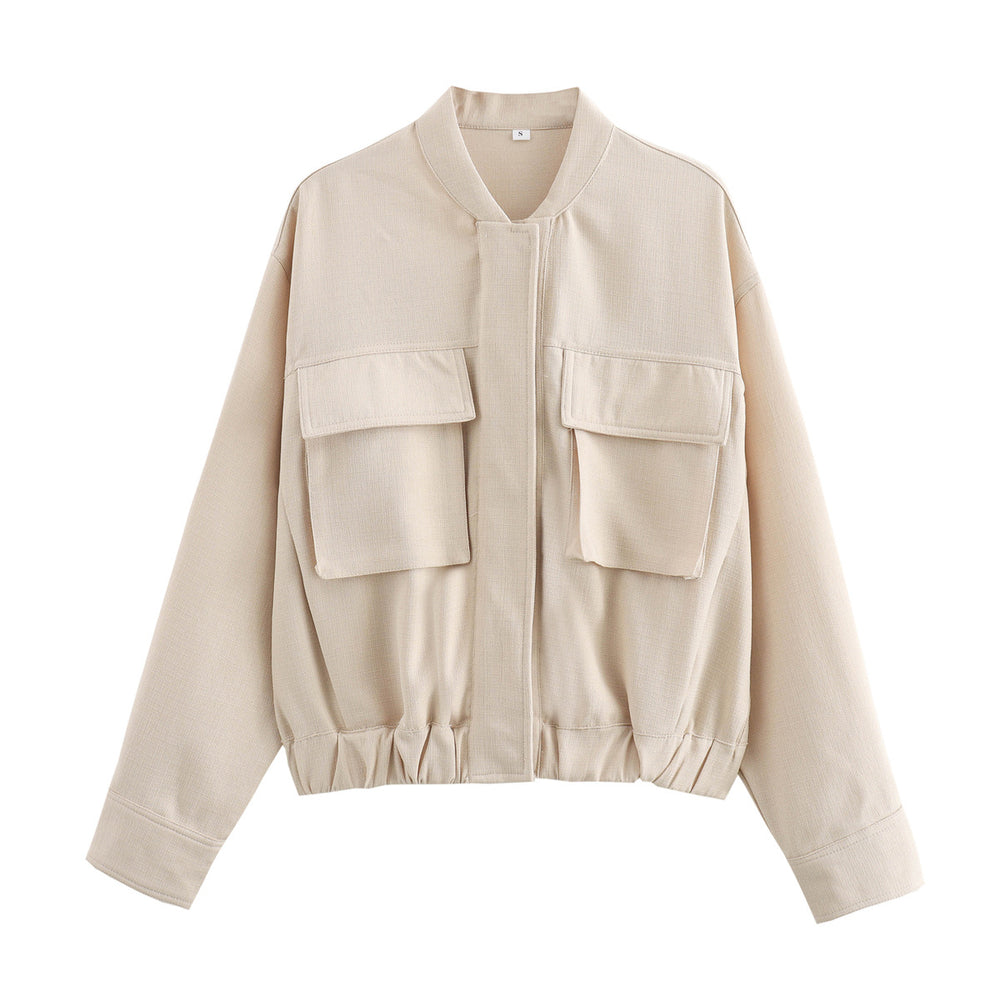 Damen elegante Utility-Jacke mit großen Taschen und elastischem Saum R&B