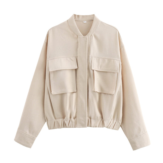 Damen elegante Utility-Jacke mit großen Taschen und elastischem Saum R&B
