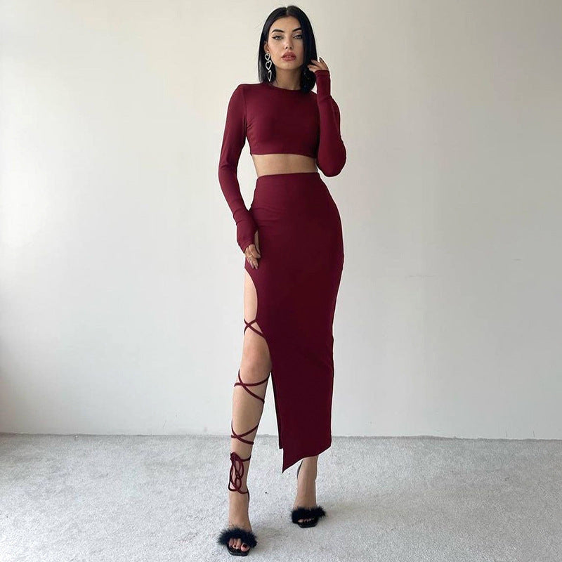 Damen elegantes Langarm-Oberteil mit hohem Bund und seitlichem Cut-Out R&B