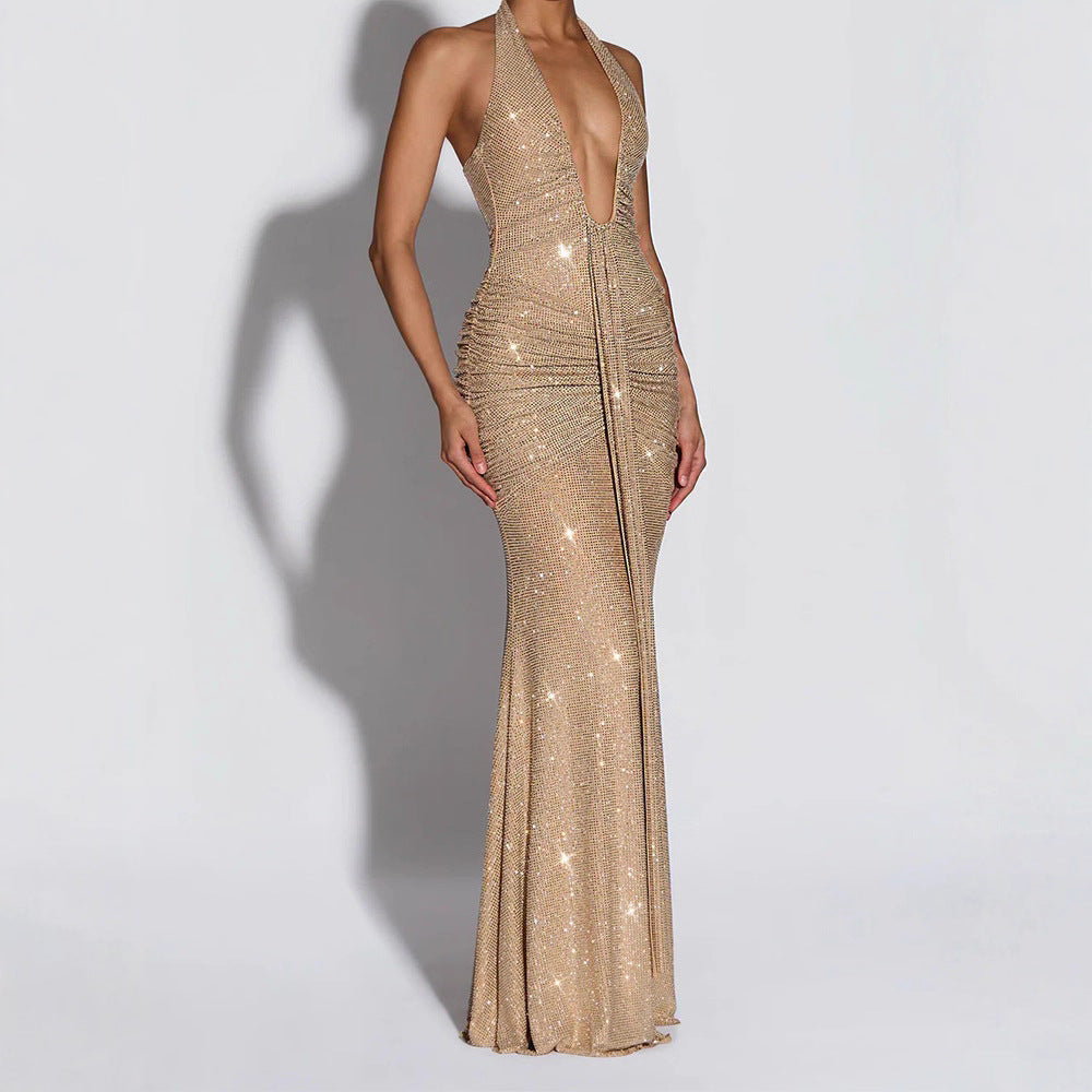 Damen Glamouröses Abendkleid mit tiefem V-Ausschnitt und funkelnden Details R&B