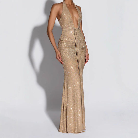 Damen Glamouröses Abendkleid mit tiefem V-Ausschnitt und funkelnden Details R&B