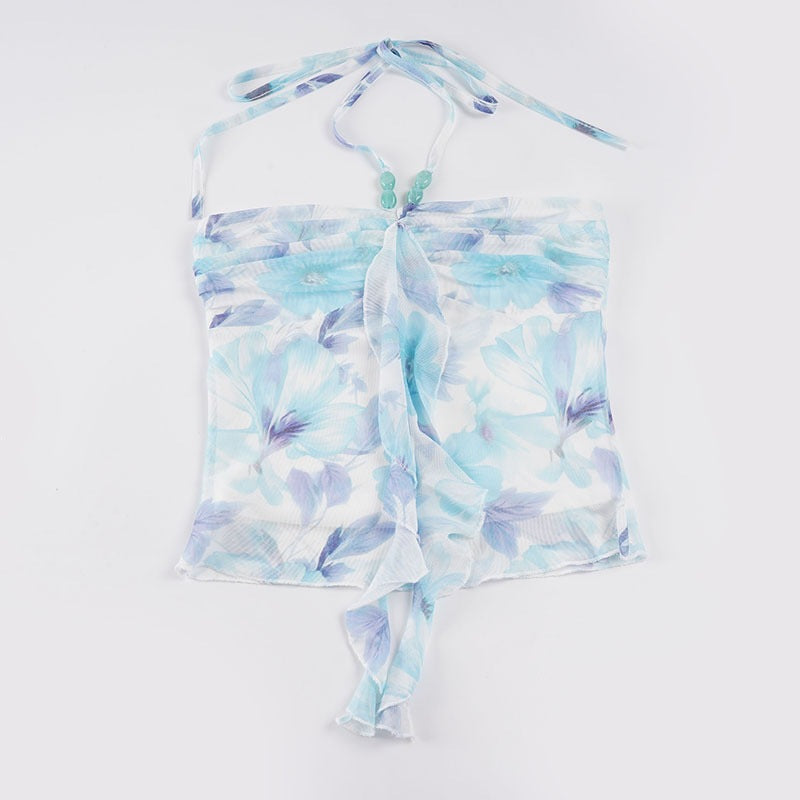 Damen Spaghetti-Trägertop mit floralen Einsätzen und transparenten Rüschen R&B