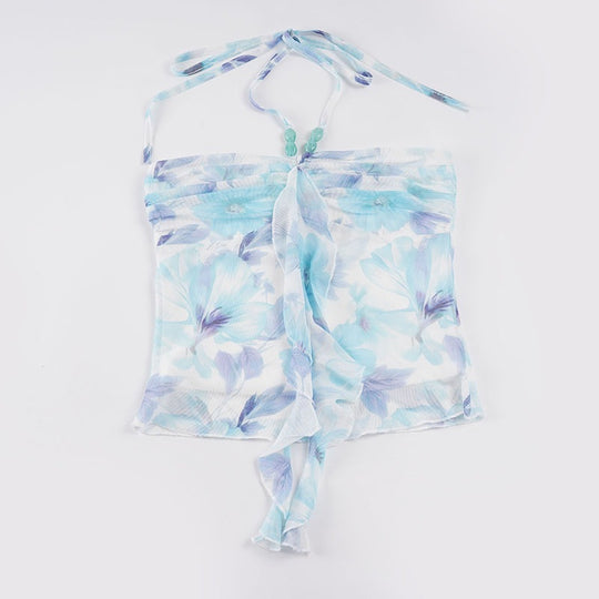 Damen Spaghetti-Trägertop mit floralen Einsätzen und transparenten Rüschen R&B