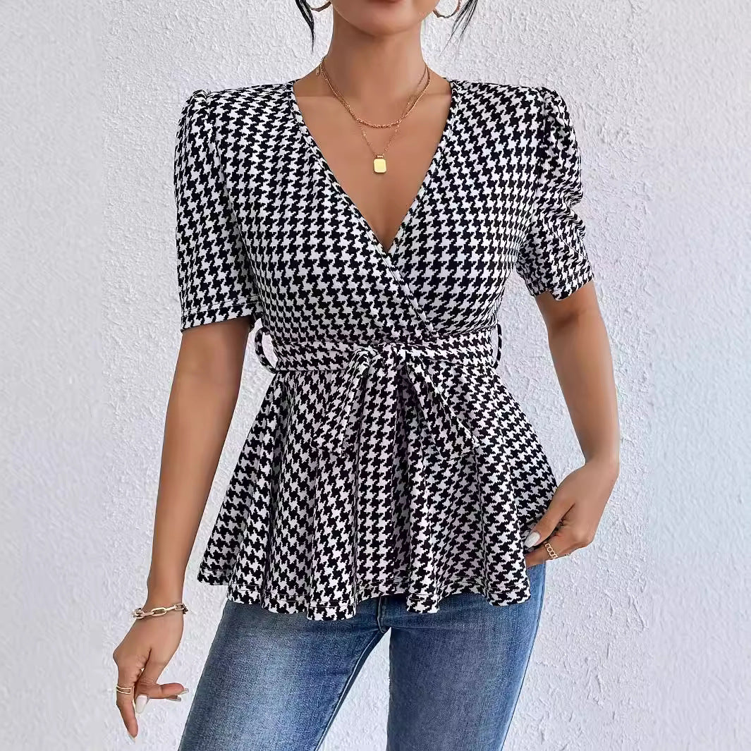Damen Wickelbluse mit ausgefallenem Karomuster und tailliertem Design R&B