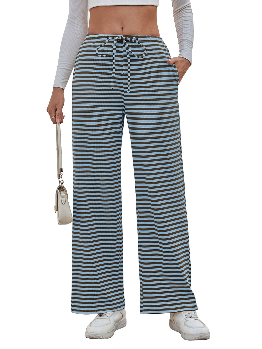 Damen weite Streifenhose mit elastischem Bund und Kordelzug R&B
