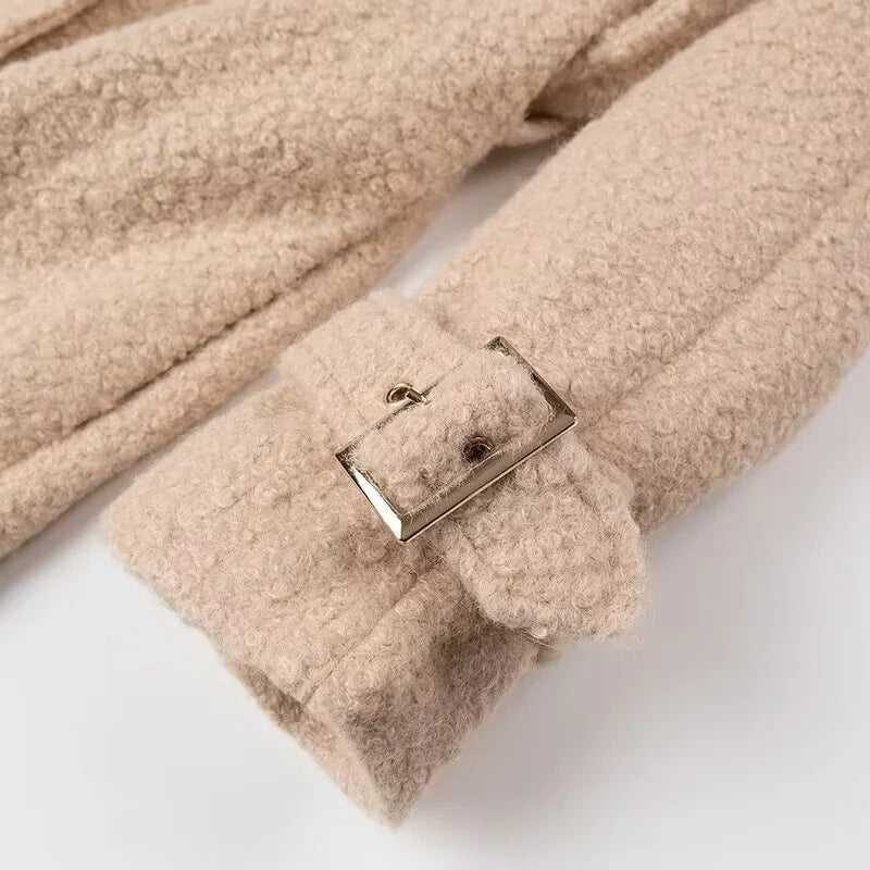 Damen eleganter und kuscheliger Wollmantel mit Gürtel und aufgesetzten Taschen R&B