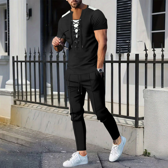 Herren modisches Kurzarm-Henley-T-Shirt mit strukturiertem Design und dekorativer Schnürung R&B