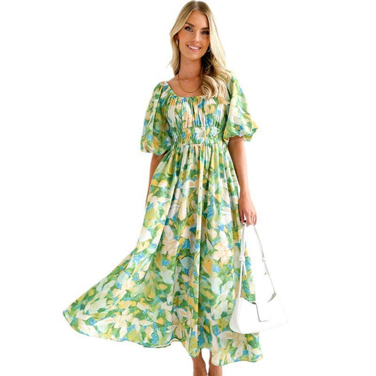 Damen Maxikleid mit luftigen Puffärmeln und floralem Design R&B
