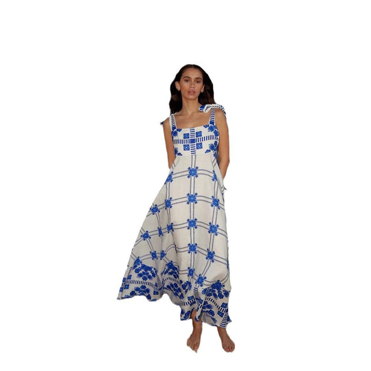 Damen Maxikleid mit verspieltem Karomuster und innovativen Trägerdetails R&B