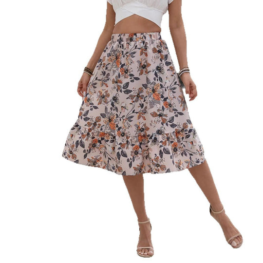 Damen Midi-Rock mit floralem Volantabschluss und elastischem Bund R&B