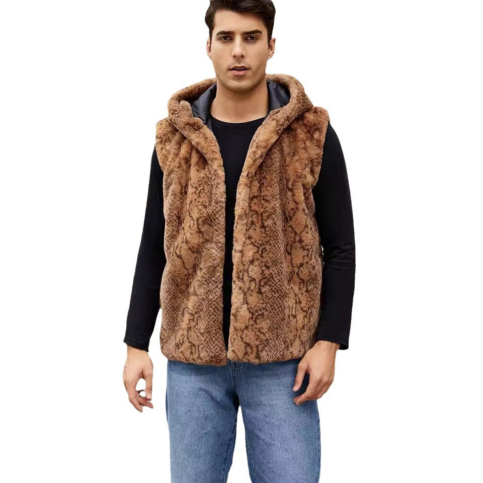 Herren Elegante Fleece-Weste mit Kapuze und Schlangenmotiv R&B