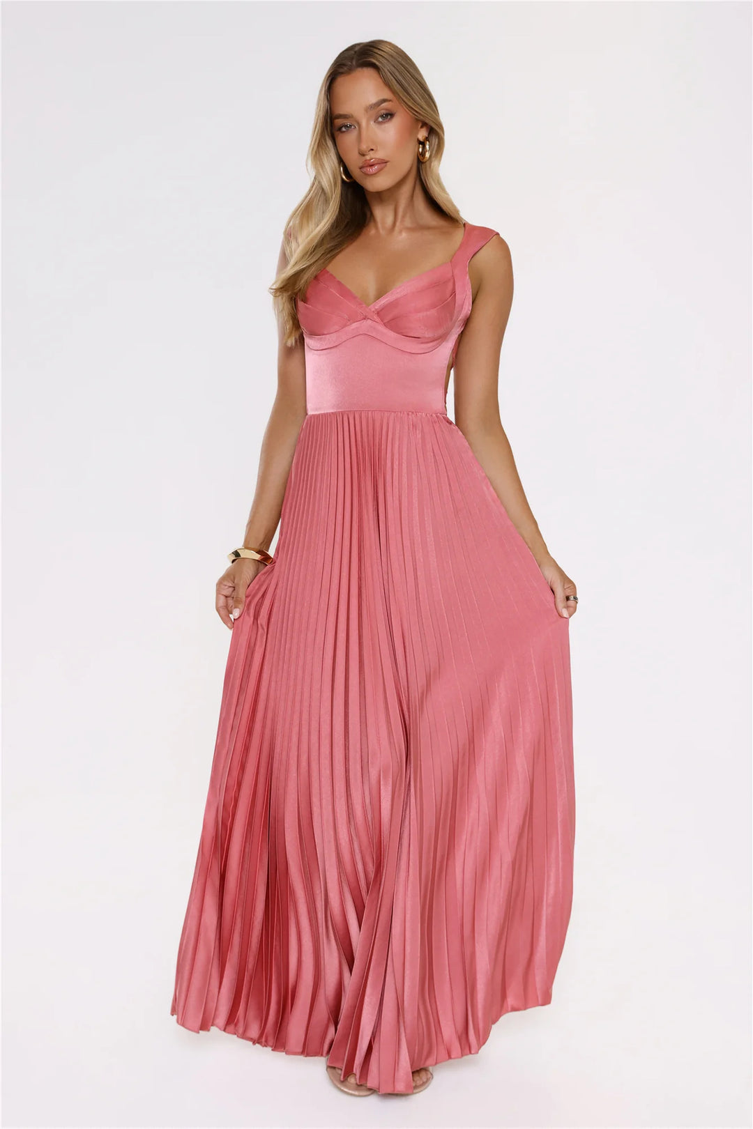 Damen Plissiertes Maxikleid mit vorteilhaftem V-Ausschnitt und femininem Design R&B