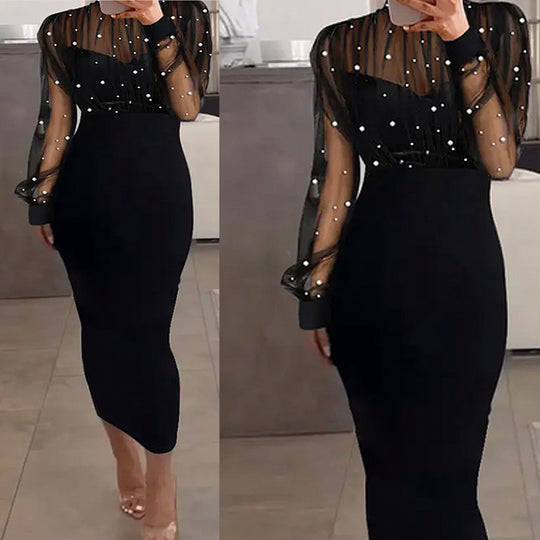 Damen Elegantes Abendkleid mit transparenten Ärmeln und Perlendetails R&B