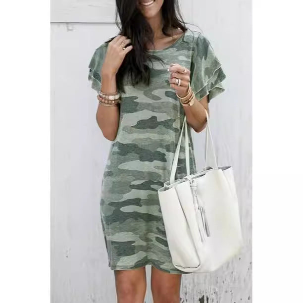 Damen Freizeitkleid mit Rüschendetails und Camouflage-Design R&B