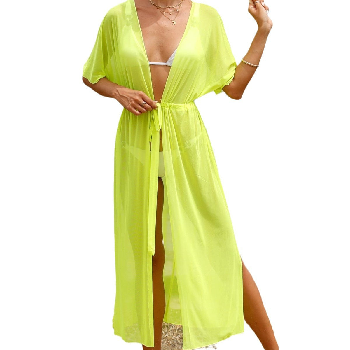 Damen transparenter Strandüberwurf mit seitlichem Knoten R&B