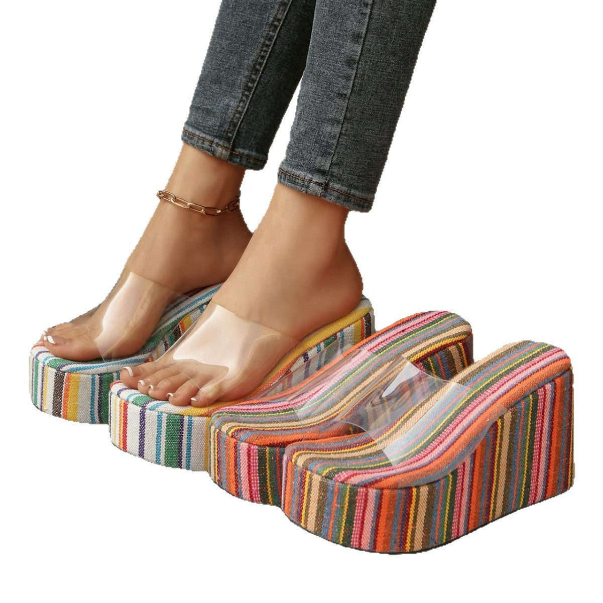 Damen Plattform-Sandalen mit transparenter Riemen und buntem Streifendesign R&B