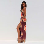 Damen elegantes Maxikleid mit floralem Design und seitlichem Schlitz